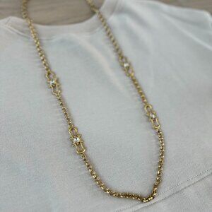 Gold Stainless Steel Rolo Chain Necklace | 22” Long | Crystals Details